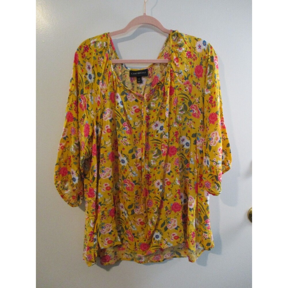 Lane Bryant Womens Sz 20 Floral Gauze Tunic Blouse Top Yellow 1/2 Sleeve